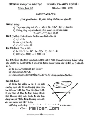 Đề thi giữa kì 1 Toán 8 năm 2020 - 2021 phòng GD&ĐT Tây Hồ - Hà Nội