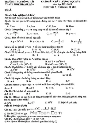 Đề thi học kỳ 1 Toán 9 năm 2022 - 2023 trường THCS Đông Hải - Thanh Hóa