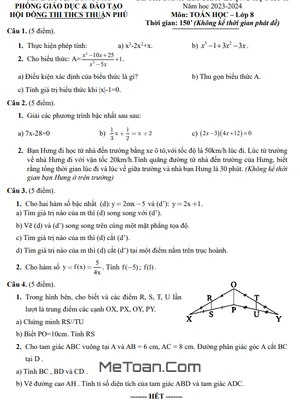 Đề thi học kỳ 2 Toán lớp 8 năm 2023 - 2024 trường THCS Thuận Phú - Bình Phước