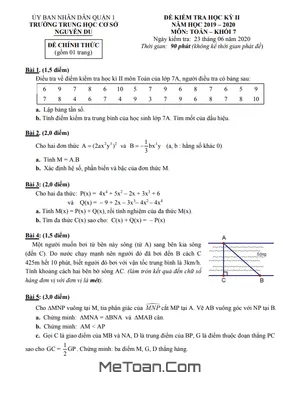 Đề thi học kỳ 2 Toán lớp 7 năm 2019 - 2020 trường THCS Nguyễn Du - TP.HCM