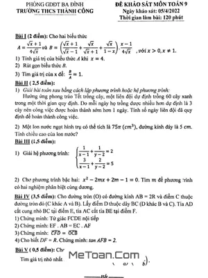Đề khảo sát Toán 9 năm 2021 - 2022 trường THCS Thành Công - Hà Nội