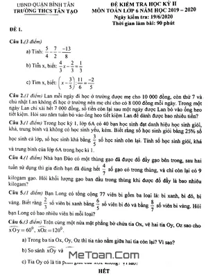 Đề thi HK2 môn Toán lớp 6 năm học 2019 - 2020 trường THCS Tân Tạo - TP HCM