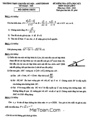 Đề thi giữa HK1 Toán 9 năm 2020 - 2021 trường chuyên Hà Nội - Amsterdam