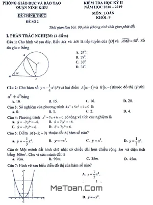 Đề thi HK2 Toán 9 năm 2018 - 2019 phòng GD&ĐT Ninh Kiều - Cần Thơ
