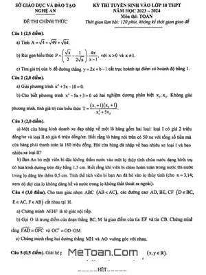Đề thi Toán vào lớp 10 năm 2023 - 2024 Sở GD&ĐT Nghệ An
