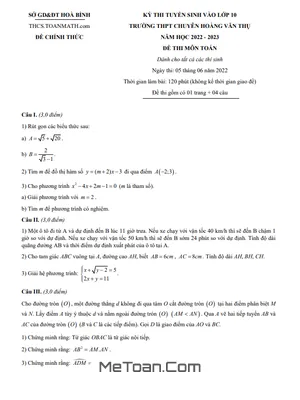 Đề thi vào lớp 10 môn Toán (chung) trường THPT chuyên Hoàng Văn Thụ - Hòa Bình năm 2022 - 2023