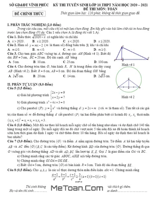 Đề thi tuyển sinh lớp 10 môn Toán năm 2020 - 2021 Sở GD&ĐT Vĩnh Phúc