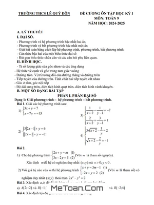 Đề Cương Ôn Tập Học Kỳ 1 Toán 9 Năm 2024 - 2025 Trường THCS Lê Quý Đôn - Hà Nội