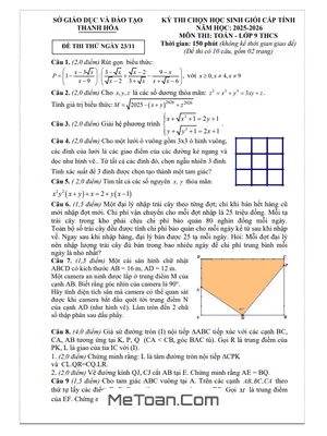 Đề thi thử chọn Học sinh giỏi tỉnh Toán 9 năm 2025 – 2026 Sở GD&ĐT Thanh Hóa (kèm đáp án)