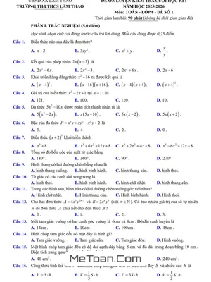 Đề Ôn Luyện Cuối Học Kì 1 Toán 8 Năm Học 2025 - 2026 Trường TH&THCS Lâm Thao – Bắc Ninh