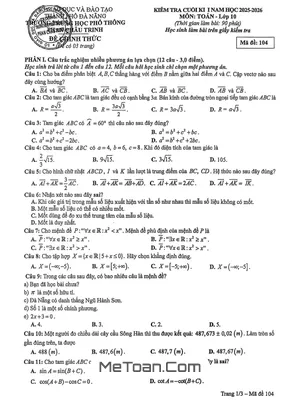 Đề Thi Cuối Học Kỳ 1 Toán 10 Trường THPT Phan Châu Trinh - Đà Nẵng Năm 2025 - 2026