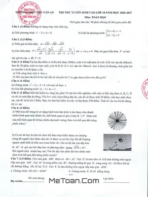 Đề Thi Thử Môn Toán Tuyển Sinh Lớp 10 Năm Học 2026 – 2027 Trường THPT Chu Văn An – Thái Nguyên