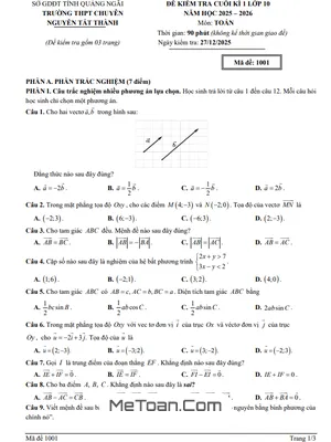 Đề cuối kì 1 Toán 10 năm 2025 – 2026 trường chuyên Nguyễn Tất Thành – Quảng Ngãi
