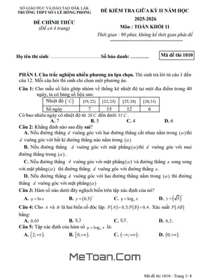 Đề Thi Giữa Kỳ 2 Toán 11 Năm 2025 – 2026 Trường THPT Lê Hồng Phong 1 – Đắk Lắk Có Đáp Án