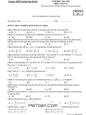 Đề Thi Giữa Kì 1 Toán 11 Năm 2021 - 2022 Trường THPT Lương Ngọc Quyến - Thái Nguyên