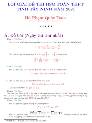 Đề thi chọn học sinh giỏi tỉnh Toán 12 năm 2021 - 2022 Sở GD&ĐT Tây Ninh
