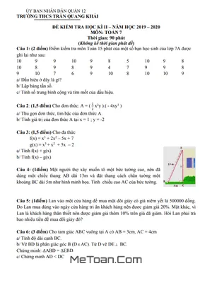 Đề thi học kì 2 Toán 7 năm 2019 - 2020 trường THCS Trần Quang Khải - TP.HCM (có đáp án)
