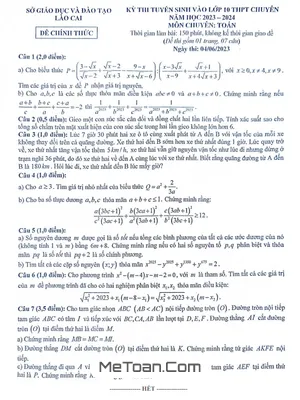 Đề thi tuyển sinh lớp 10 chuyên Toán năm 2023 - 2024 Sở GD&ĐT Lào Cai