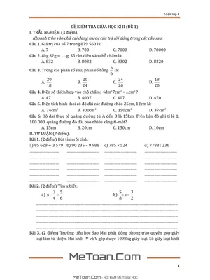Bộ 5 Đề Thi Cuối Học Kì 2 Môn Toán Lớp 4