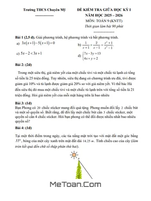 Đề Thi Giữa Học Kỳ 1 Toán 9 Năm Học 2025 - 2026 (KNTT) - Trường THCS Chuyên Mỹ, Hà Nội [Có Đáp Án]