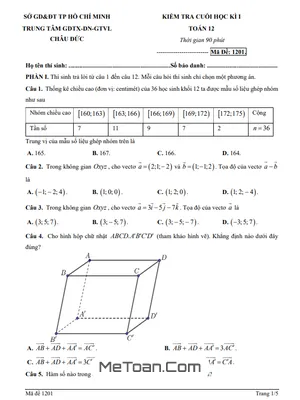 Đề thi cuối học kì 1 Toán 12 năm học 2025 – 2026 Trung tâm GDTX Châu Đức – TP.HCM