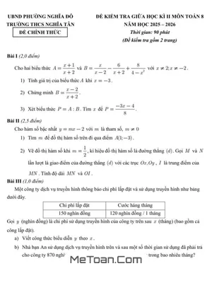 Đề Thi Giữa Học Kỳ 2 Toán Lớp 8 Năm 2025-2026 Trường THCS Nghĩa Tân, Hà Nội