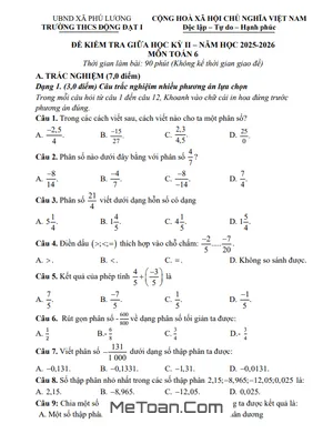 Đề Thi Giữa Học Kỳ 2 Toán Lớp 6 Năm 2025-2026 Trường THCS Động Đạt 1, Thái Nguyên