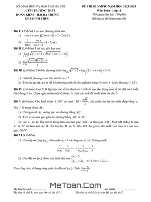 Đề thi Olympic Toán 11 năm 2023 - 2024 cụm Hoàn Kiếm & Hai Bà Trưng - Hà Nội