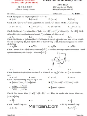 Đề thi cuối kì 1 Toán 12 năm 2023 - 2024 trường THPT Quang Trung - Hải Dương