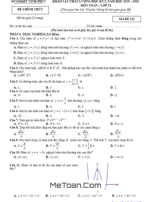 Đề thi học kỳ 1 Toán 12 năm học 2019 - 2020 sở GD&ĐT Vĩnh Phúc
