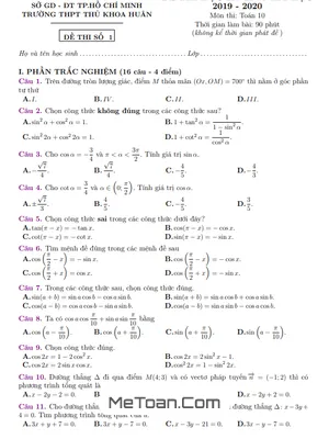 Đề thi học kì 2 Toán 10 năm 2019 - 2020 trường THPT Thủ Khoa Huân - TP HCM