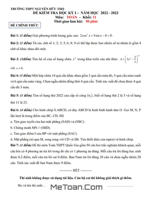 Đề học kỳ 1 Toán 11 năm 2022 - 2023 trường THPT Nguyễn Hữu Thọ - TP HCM