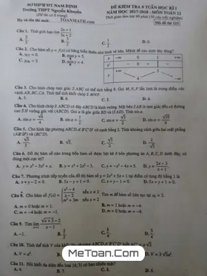 Đề kiểm tra 8 tuần HKI Toán 12 năm 2017-2018 trường THPT Nguyễn Khuyến - Nam Định