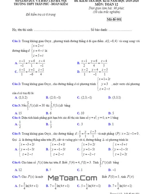 Đề thi học kì 2 Toán 12 năm 2019 - 2020 trường THPT Trần Phú - Hà Nội