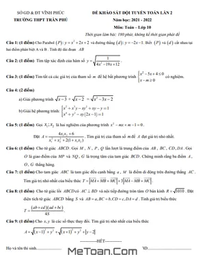 Đề khảo sát đội tuyển Toán 10 lần 2 năm 2021 - 2022 trường THPT Trần Phú - Vĩnh Phúc
