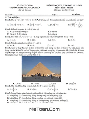 Đề Thi Cuối Kì 2 Toán 11 Năm 2023 - 2024 Trường THPT Phan Ngọc Hiển - Cà Mau