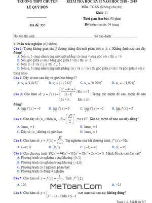 Đề thi HK2 Toán 11 năm 2018 – 2019 trường chuyên Lê Quý Đôn – Khánh Hòa