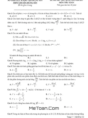 Đề Thi Thử THPT Quốc Gia 2017 Môn Toán Trường THPT Chuyên Hưng Yên Lần 3