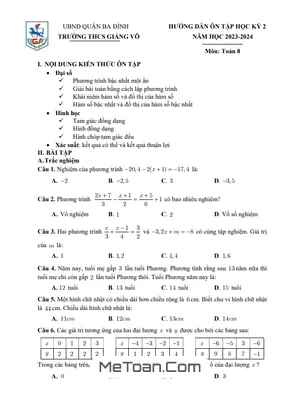 Đề Cương Ôn Tập Toán 8 Học Kỳ 2 Năm 2023 - 2024 Trường THCS Giảng Võ - Hà Nội