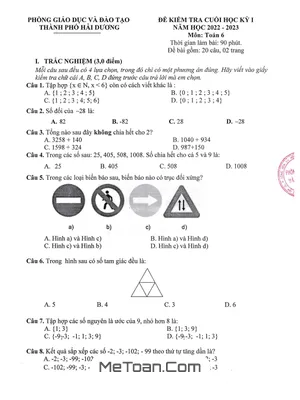 Đề thi cuối kỳ 1 Toán lớp 6 năm 2022 - 2023 phòng GD&ĐT Hải Dương