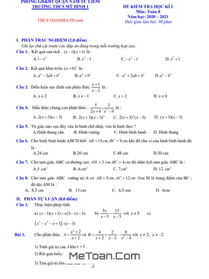Đề thi học kì 1 Toán 8 năm 2020 - 2021 trường THCS Mỹ Đình 1 - Hà Nội
