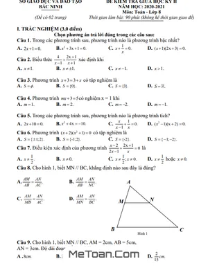 Đề thi giữa học kỳ 2 Toán 8 năm 2020 - 2021 Sở GD&ĐT Bắc Ninh