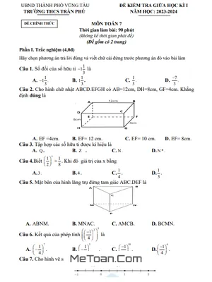 Đề Thi Giữa Kì 1 Toán 7 Năm 2023 - 2024 Trường THCS Trần Phú - BRVT