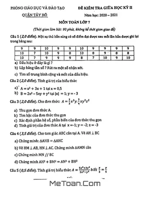 Đề thi giữa học kỳ 2 Toán 7 năm 2020 - 2021 phòng GD&ĐT Tây Hồ - Hà Nội