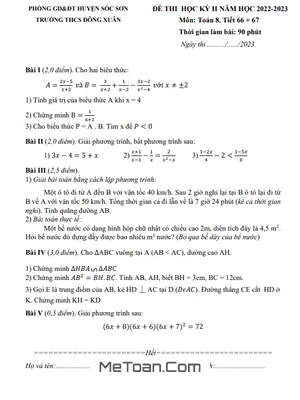 Đề thi học kỳ 2 Toán 8 năm 2022 - 2023 trường THCS Đông Xuân - Hà Nội
