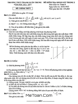 Đề khảo sát Toán 9 tháng 02 năm 2022 trường THCS Thanh Xuân Trung - Hà Nội