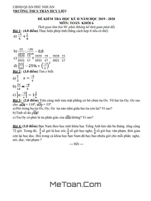 Đề kiểm tra học kỳ 2 Toán lớp 6 năm 2019 - 2020 trường THCS Trần Huy Liệu - TP HCM