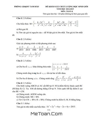 Đề thi HSG Toán 8 năm 2014 - 2015 phòng GD&ĐT Tam Đảo - Vĩnh Phúc