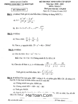 Đề thi Học Sinh Giỏi Toán 7 Cấp Quận Ô Môn - Cần Thơ Năm 2020-2021