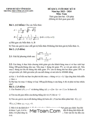 Đề học kỳ 2 Toán 9 năm 2023 – 2024 trường THCS Vĩnh An – Tân Liên – Hải Phòng